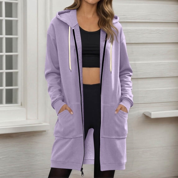 Dwellite Wateresty Zip up Hoodies for Women, Long Hoodie Tunic Jackets Long Sleeve Sweaters Dress with Pockets Light Purple L
