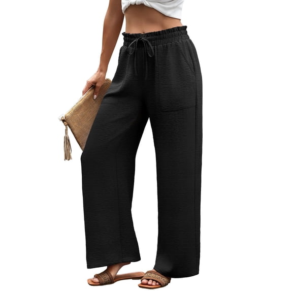 Dwellite Wide Leg Pants for Women Flowy Palazzo Drawstring Elastic Waist Trousers with Pockets Summer Beach Vacation Black XL