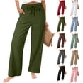 thumbnail image 1 of Dwellite Wide Leg Pants for Women Summer Cotton Linen Palazzo Drawstring Elastic Waist Beach Trousers with Pockets Gray M, 1 of 7