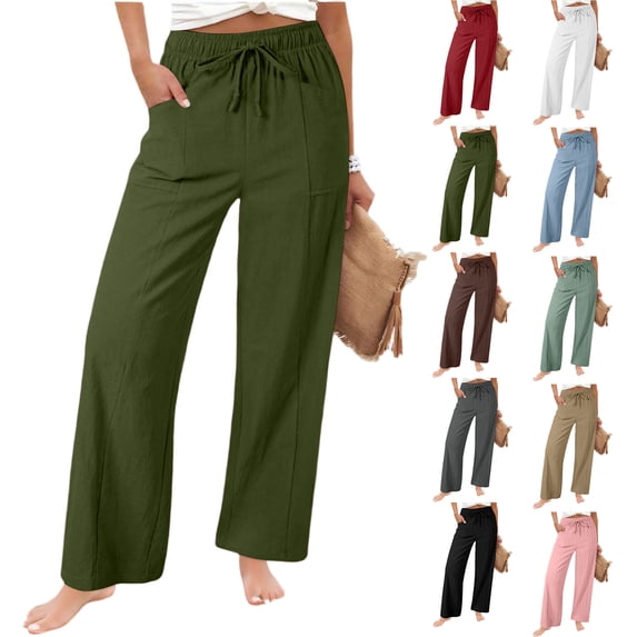 Dwellite Wide Leg Pants for Women Summer Cotton Linen Palazzo Drawstring Elastic Waist Beach Trousers with Pockets Green L