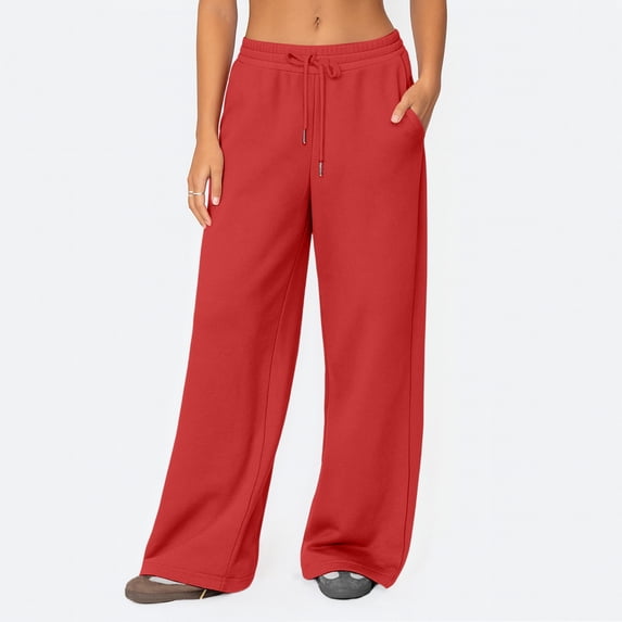 Dwellite Wide Leg Pants for Women SweatPants Winter Pants Baggy Drawstring Sweatpant with Pockets Red XL