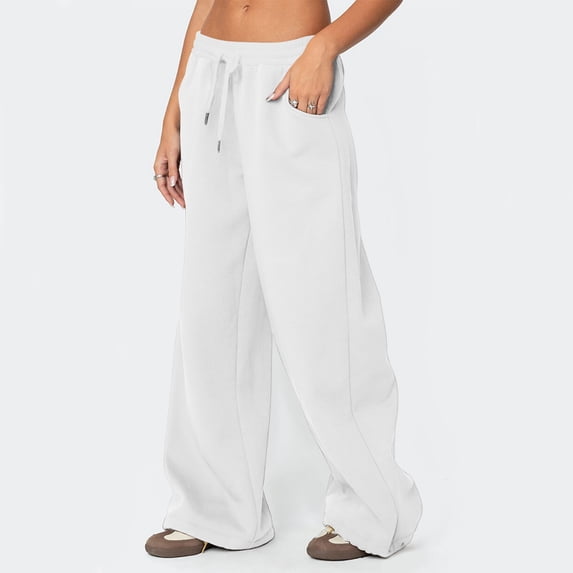 Dwellite Wide Leg Pants for Women SweatPants Winter Pants Baggy Drawstring Sweatpant with Pockets White M