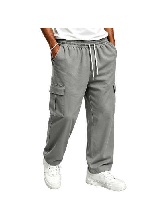 Wide Leg Sweatpant for Mens Baggy Wide Leg Drawstring Waist Straight Pants Casual Workout Gym Athletic Trousers with Pocket Gray M