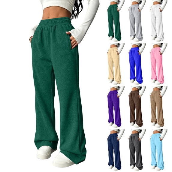 Dwellite Wide Leg Sweatpants Women 2026 Fashion Workout Casual Baggy Pants High Waist with Pocket Dark Green M
