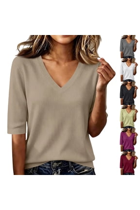 Women 3/4 Sleeve Sweaters Soft Comfy Lightweight V Neck Sweater Tops Casual Business Dressy Fall Winter Sweaters Purple L