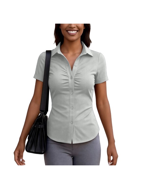 Women Button Down Blouse, V-Neck Ruched Tops with Y2K Collar, Slim Fit Sleeve Business Casual Going Out Shirt Light Gray M