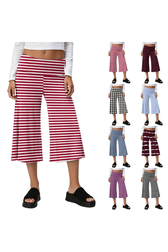 Women Capri Pants Fold Over Gauchos Low Rise Cropped Wide Leg Bottoms Summer Foldover Yoga Culottes Pajama Pants Pink S