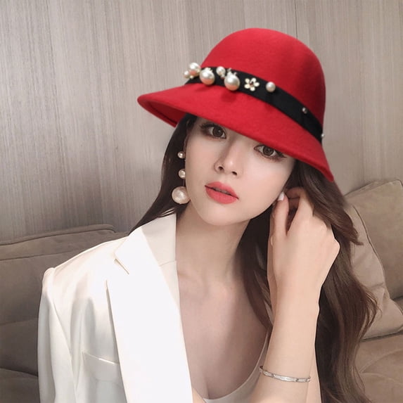 Dwellite Women Cloche Hat Winter Church Hat with Lightweight Solid Casual Wide Brim Hats Red