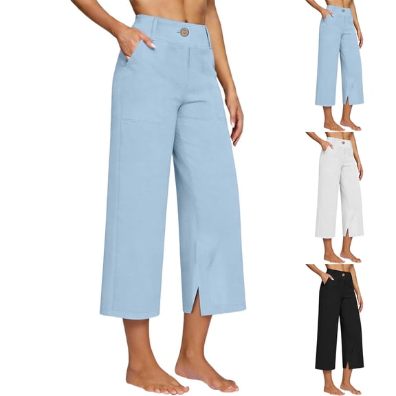 Dwellite Women Cotton Linen Capri Pants with Pockets High Waisted Pants Dressy Casual Cropped Capri Casual Summer Trouser 2026 Blue S