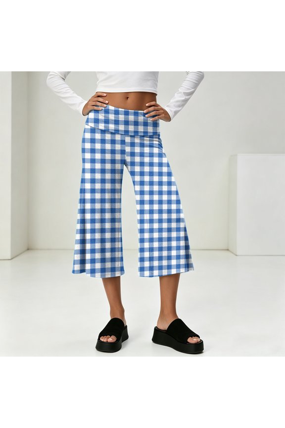 Women Fold Over Gauchos Low Rise Cropped Wide Leg Capri Pants Summer Foldover Yoga Culottes Pajama Pants Bottoms Blue S
