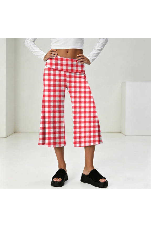 Women Fold Over Gauchos Low Rise Cropped Wide Leg Capri Pants Summer Foldover Yoga Culottes Pajama Pants Bottoms Red S