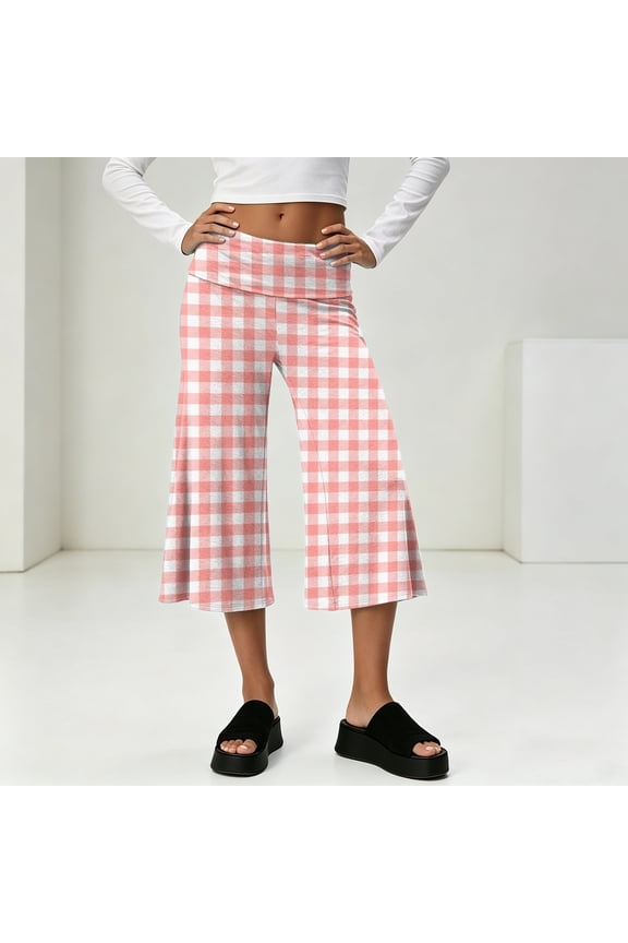 Women Fold Over Gauchos Low Rise Cropped Wide Leg Capri Pants Summer Foldover Yoga Culottes Pajama Pants Bottoms Watermelon Red S