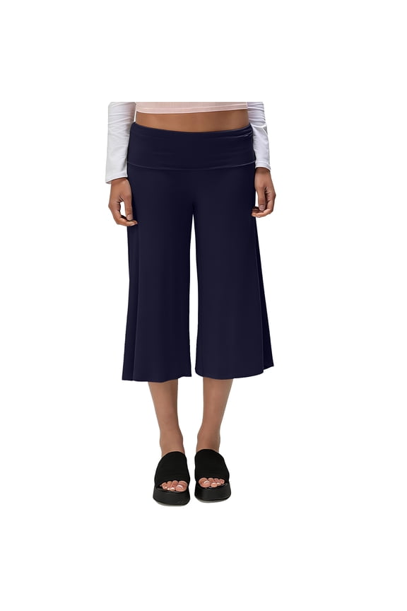 Women Fold Over Pants Flowy Low Rise Wide Leg Capri Pant Y2K Foldover Cropped Yoga Lounge Bottoms 2026 Navy S