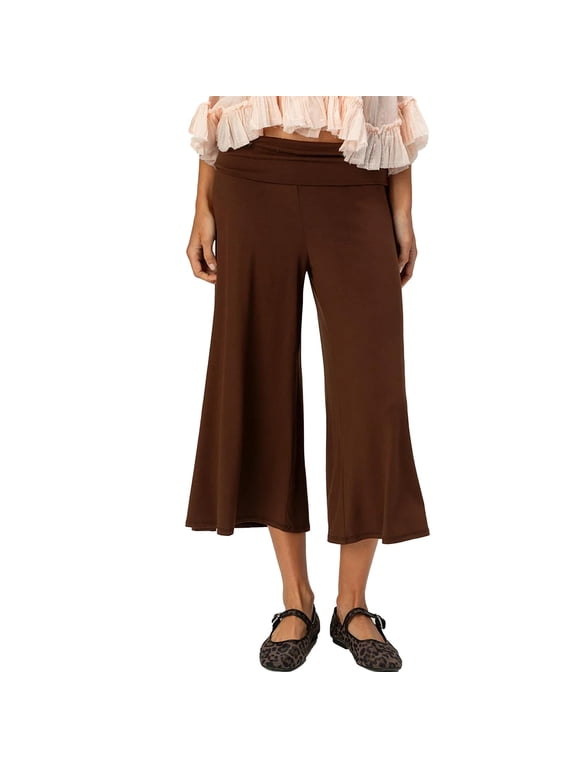Women Fold Over Pants Flowy Low Rise Wide Leg Capri Pant Y2K Foldover Cropped Yoga Lounge Bottoms Coffee S