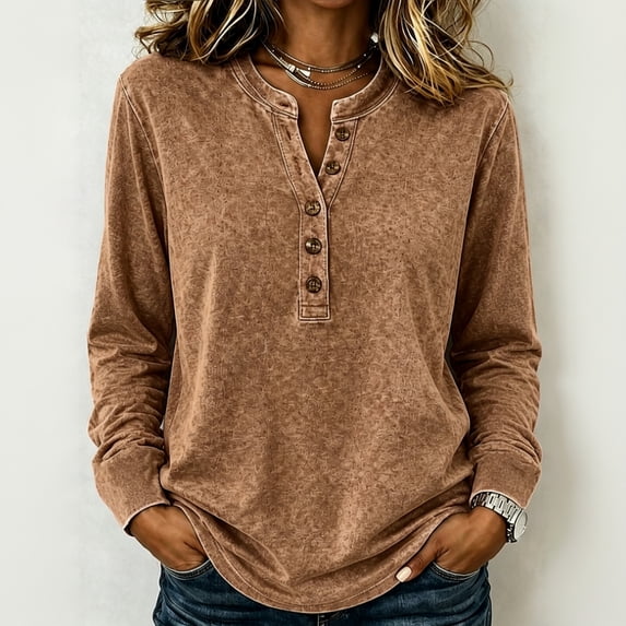 Dwellite Women Henley Long Sleeve Fall Sweaters Lightweight Business Casual Work Button Pullover Sweater Tops Soft 2026 Spring Winter Coffee 2XL