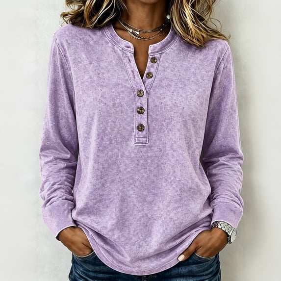 Dwellite Women Henley Long Sleeve Fall Sweaters Lightweight Business Casual Work Button Pullover Sweater Tops Soft 2026 Spring Winter Purple S