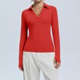thumbnail image 1 of Dwellite Women Long Sleeve Polo Shirts V Neck Slim Ribbed Knit Collared Business Casual Top 2026 Basic Tee Red S, 1 of 6