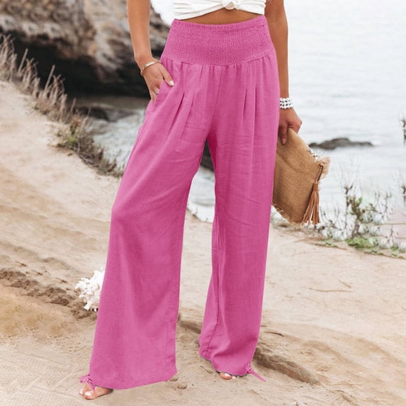 Dwellite Women Palazzo Pants Summer Flowy Wide Leg High Waist Lounge Trousers with Pockets Casual Beach Vacation Pant Hot Pink 2XL