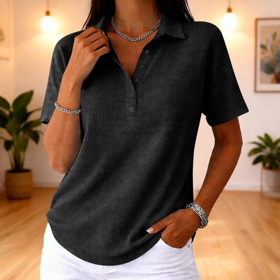 Dwellite Women Polo Shirts Short Sleeve Button Down Collared Golf Tee Business Casual Summer Work Tops Athletic Tennis Shirts Black XL