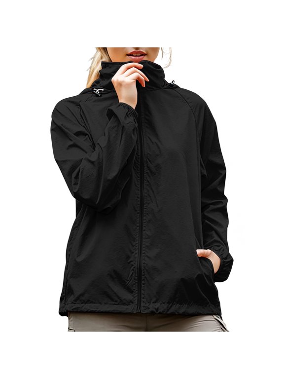 Women Rain Jacket with Hood Lightweight Windbreaker Athletic Running Top Zip Up Outdoor Coat 2026 Black S