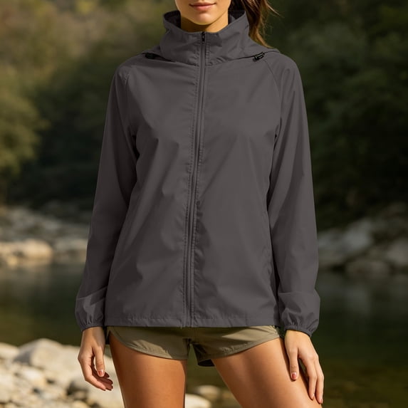 Dwellite Women Rain Jacket with Hood Lightweight Windbreaker Athletic Running Top Zip Up Outdoor Coat 2026 Dark Gray S