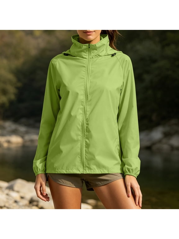 Women Rain Jacket with Hood Lightweight Windbreaker Athletic Running Top Zip Up Outdoor Coat Fluorescent Green M