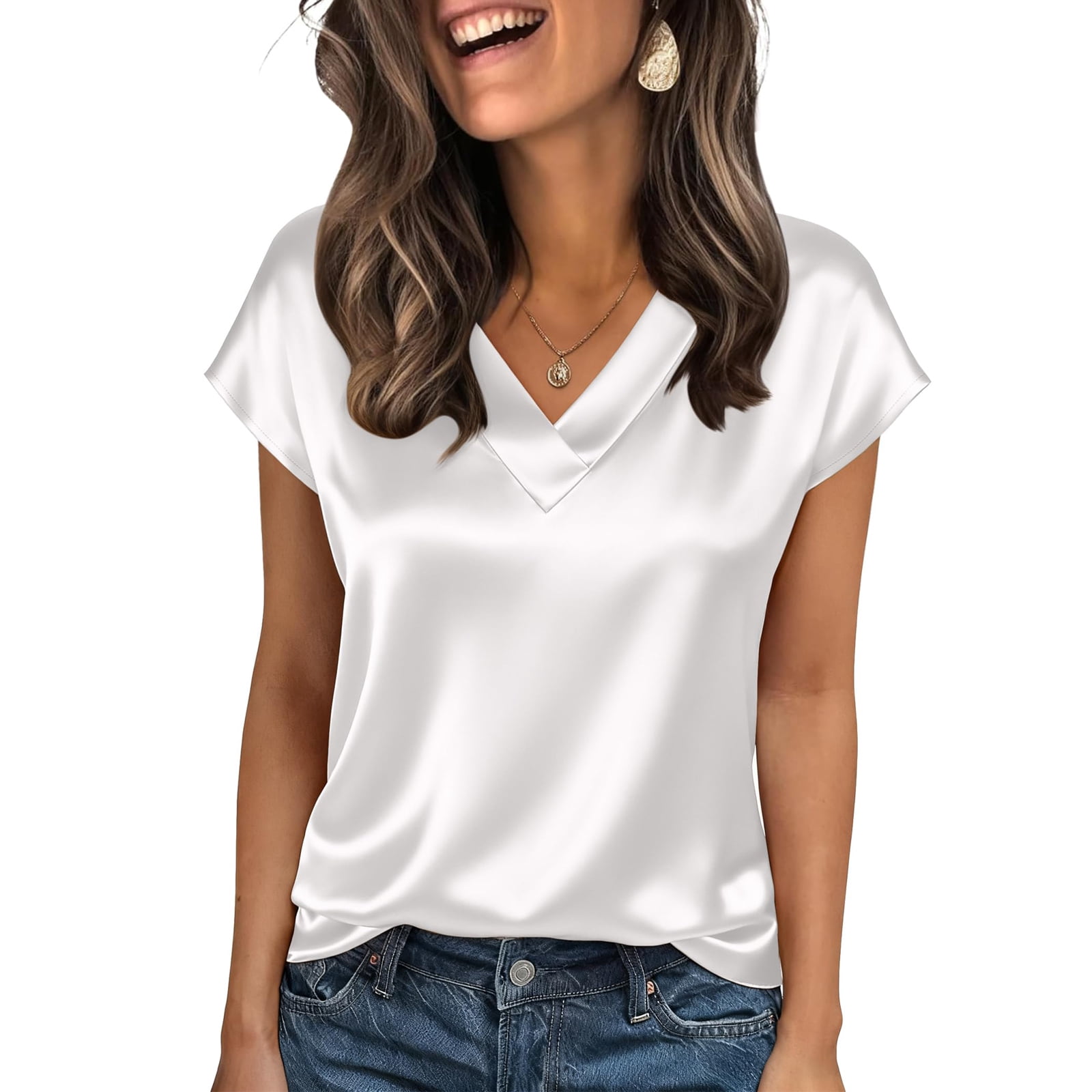 Dwellite Women Silk Satin Tops Cap Short Sleeve Blouse V Neck Soft ...