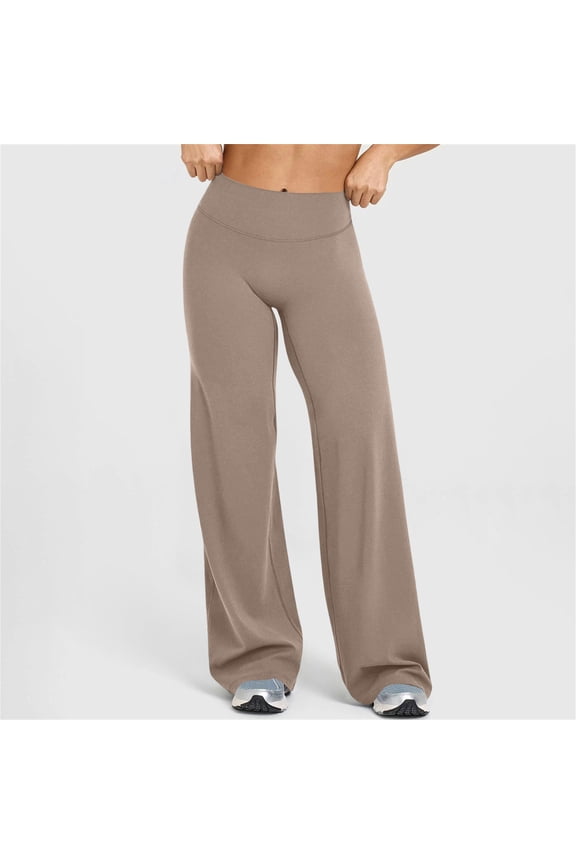 Women Straight Leggings Bottoms Wide Leg Pants High Waist Stretchy Comfy No Front Seam Yoga Workout Sweatpant Beige 2XL