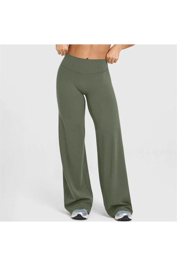Women Straight Leggings Bottoms Wide Leg Pants High Waist Stretchy Comfy No Front Seam Yoga Workout Sweatpant Green S