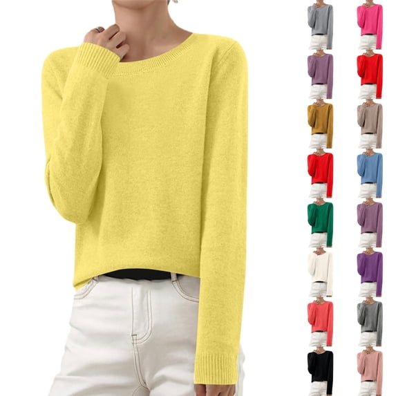 Dwellite Women Sweaters Casual Cozy V Neck Knit Pullover Sweater Long Sleeve Business Casual Sweater Yellow -AD04 XL