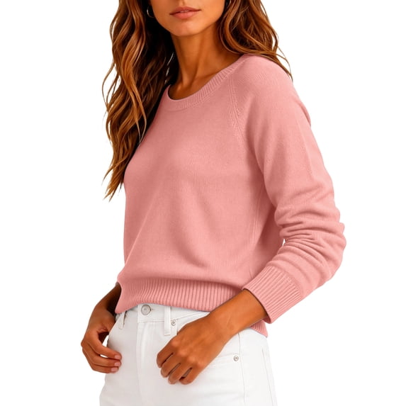 Dwellite Women Sweaters Knitted Cropped Crewneck Basic Trendy Fall Tops Cropped Sweater Winter Long Sleeve Dressy Top 2026 Pink L