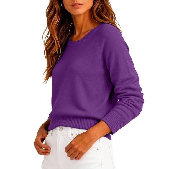 Dwellite Women Sweaters Knitted Cropped Crewneck Basic Trendy Fall Tops Cropped Sweater Winter Long Sleeve Dressy Top 2026 Purple S