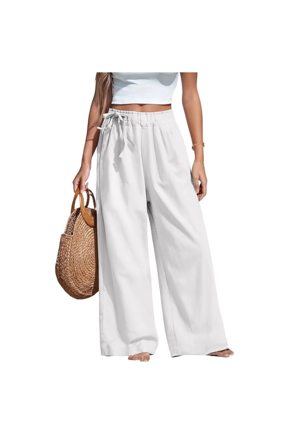 Women Wide Leg Palazzo Pant 2026 Summer Casual Drawstring Side Tie Knot Lounge Beach Trousers Work Pants White M