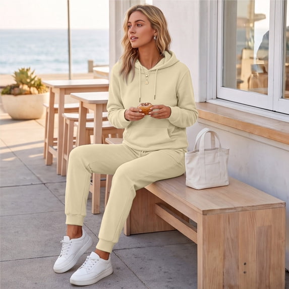 Dwellite Women's 2 Piece Outfits Fall Sweatsuits Oversized Hoodies Wide Leg Sweatpants Tracksuits Lounge Matching Sets 2026 Beige M