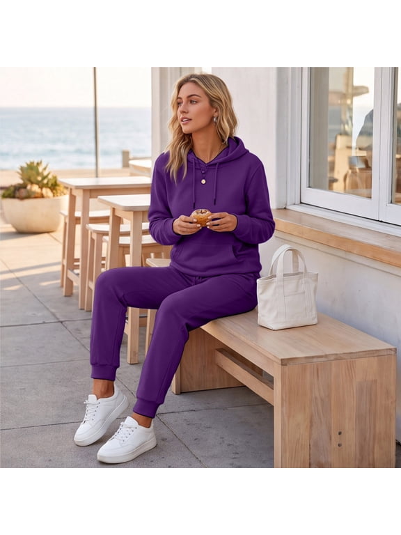 Women's 2 Piece Outfits Fall Sweatsuits Oversized Hoodies Wide Leg Sweatpants Tracksuits Lounge Matching Sets 2026 Dark Purple S
