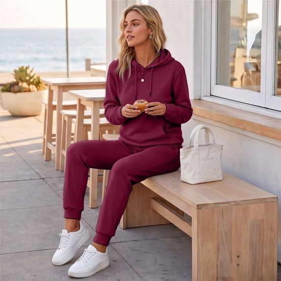 Dwellite Women's 2 Piece Outfits Fall Sweatsuits Oversized Hoodies Wide Leg Sweatpants Tracksuits Lounge Matching Sets 2026 Wine L
