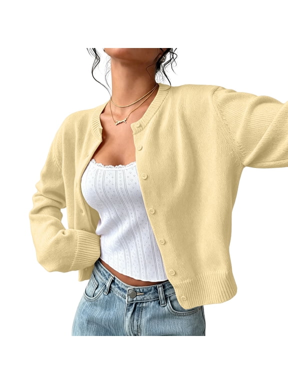 Women's Cardigan Sweater Lightweight Soft Knit Long Sleeve Crew Neck Button Down Dressy Cute Spring Fall Business Casual Work Travel Tops Yellow L