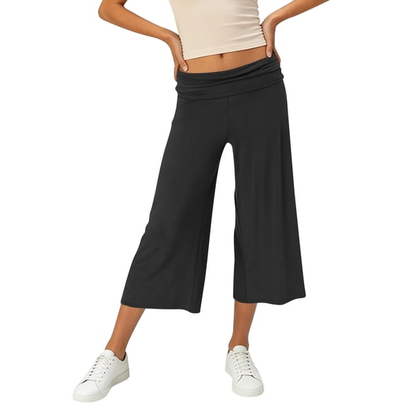 Dwellite Women's Casual Wide Leg Cropped Pants Low Rise Fold Over Stretch Pants for Summer Beach Holiday Streetwear Black L