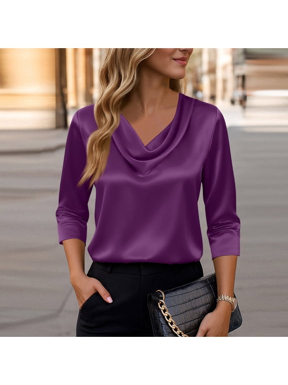 Women's Elegant Solid Satin Cowl Neck Blouse 3/4 Sleeves Casual Business Dressy Shirts Office Work Top Light Purple XL