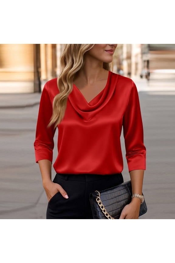 Women's Elegant Solid Satin Cowl Neck Blouse 3/4 Sleeves Casual Business Dressy Shirts Office Work Top Red S