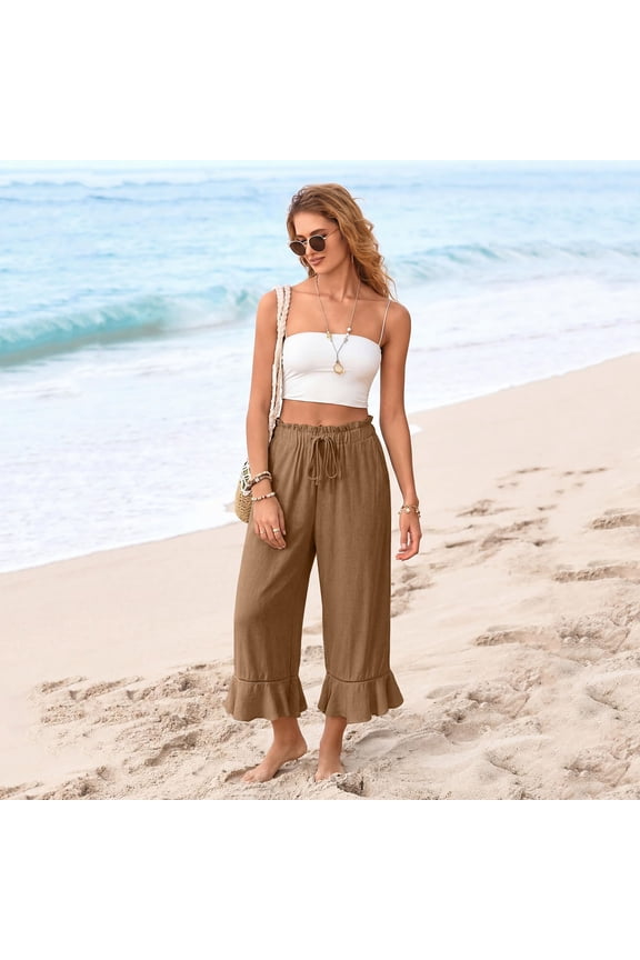 Women’s Linen Capri Pants High Waisted Lightweight Drawstring Wide Leg Flared Ruffle Hem Palazzo Pants with Pocket Brown M