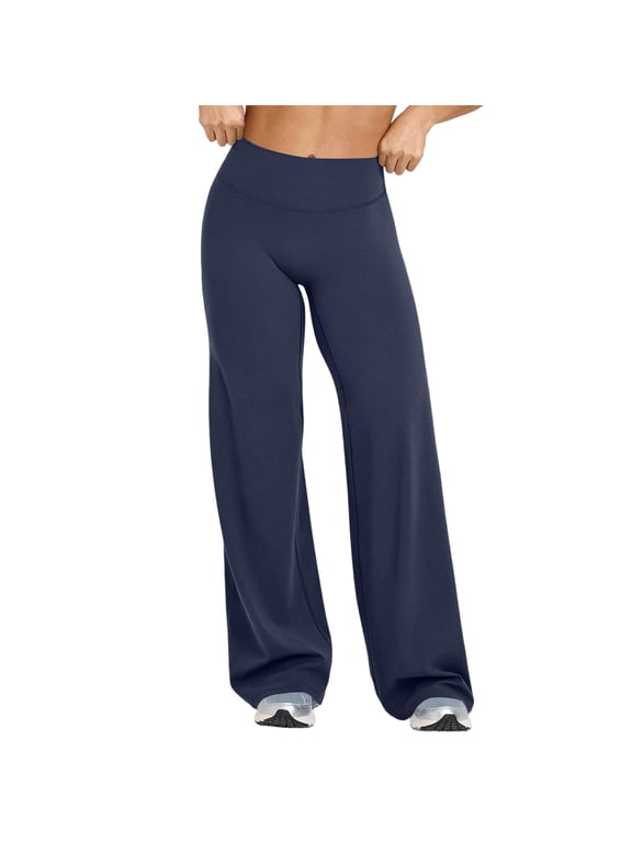 Women's Low Rise Straight Leggings Bottom Workout No Front Seam Wide Leg Solid Color Gym Yoga Pants Navy L