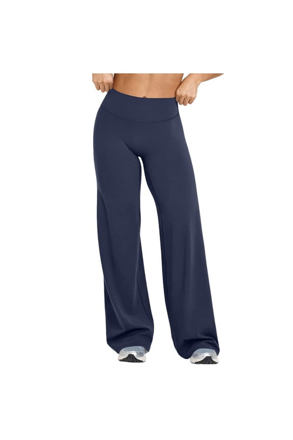 Women's Low Rise Straight Leggings Bottom Workout No Front Seam Wide Leg Solid Color Gym Yoga Pants Navy L