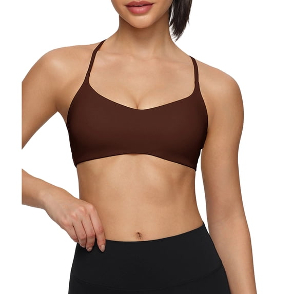 Dwellite Women's Low Scoop Sports Bra Spaghetti Cross Strap Padded Workout Yoga Bra Crop Top Brown 32