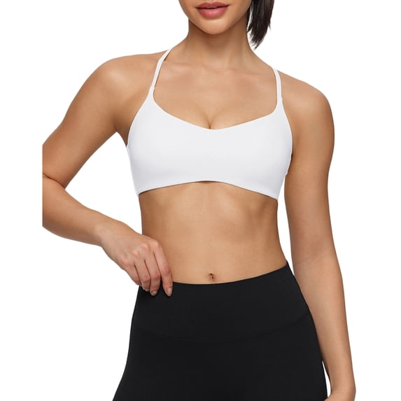 Dwellite Women's Low Scoop Sports Bra Spaghetti Cross Strap Padded Workout Yoga Bra Crop Top White 36