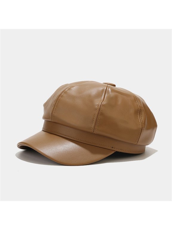 Women's Newsboy Vintage Hat Soft PU Leather Hat with Visor for Everyday Wear Fall Sun Khaki