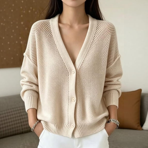 Dwellite Women's Oversized Long Sleeve Summer Casual Cardigan V-Neck Button Front Loose Fit Travel Work Knit Tops 2026 Beige S