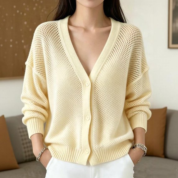 Dwellite Women's Oversized Long Sleeve Summer Casual Cardigan V-Neck Button Front Loose Fit Travel Work Knit Tops 2026 Yellow L