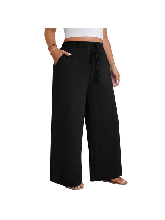 Women's Plus Size Wide Leg Pants High Waist Loose Casual Palazzo Trousers with Pockets Spring Black 4XL