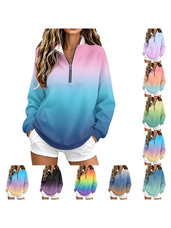 Women's Quarter Zip Fleece Gradient Pullover Sweatshirts Oversized Y2k Fashion Fall Long Sleeve Tops Pink 2XL